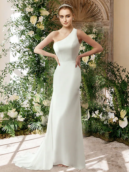 Wedding Dresses One Shoulder Chiffon Sleeveless Simple Sexy Pure Color