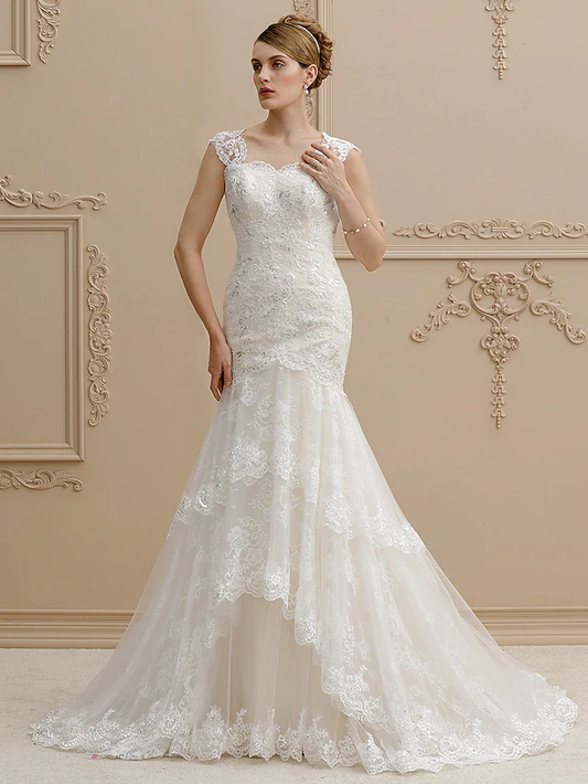 Wedding Dresses Square Neck Court Train Lace Over Tulle Regular Straps Wedding Dress in Color Floral Lace See-Through with Buttons Sequin