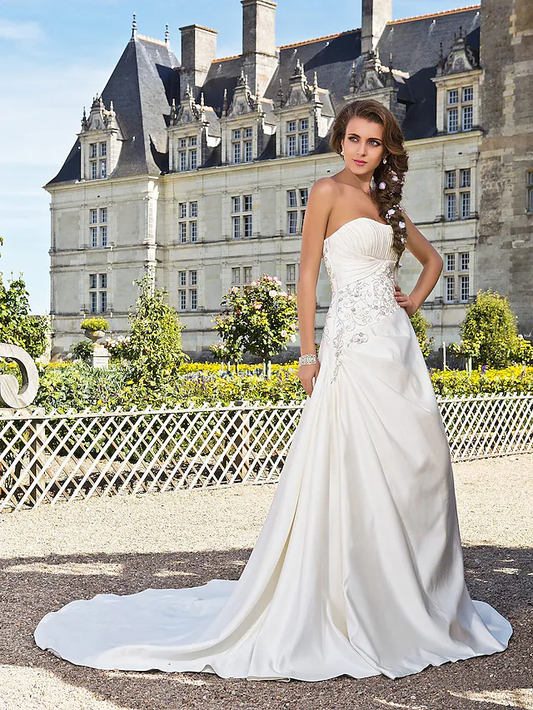 Princess A-Line Long Wedding Dresses Strapless Chapel Train Satin Sleeveless