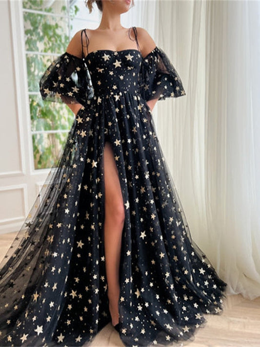 A-Line/Princess Spaghetti Straps Long Prom Dresses Sexy Evening Dresses