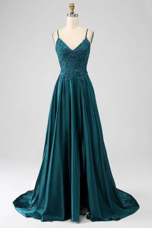 A-Line Spaghetti Straps Long Prom Dress with Slit V-neck Pure Color