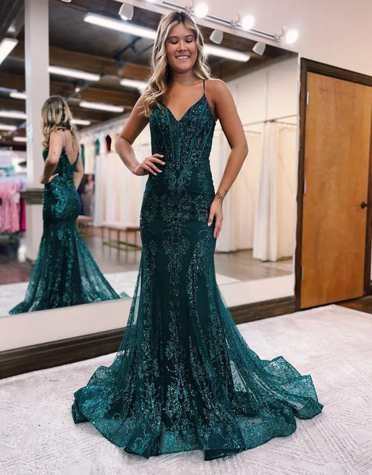 Mermaid Spaghetti Straps Prom Dress With Appliques V-neck Sparkly 