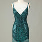 Sparkly Dark Green Bodycon Spaghetti Straps Lace-Up Back Short Homecoming Dress with Beading Sexy