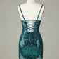 Sparkly Dark Green Bodycon Spaghetti Straps Lace-Up Back Short Homecoming Dress with Beading Sexy