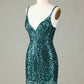 Sparkly Dark Green Bodycon Spaghetti Straps Lace-Up Back Short Homecoming Dress with Beading Sexy