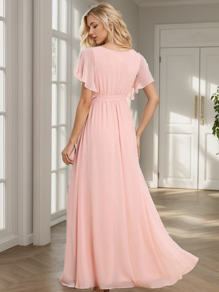 A-Line Pleated Chiffon Tie-Waist Evening Dress V-neck Party Dress
