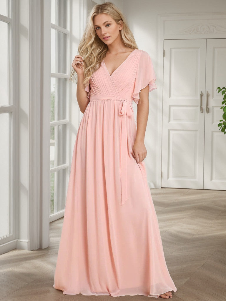 A-Line Pleated Chiffon Tie-Waist Evening Dress V-neck Party Dress