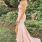 Pink Mermaid Prom Dress Strapless Slit Lace Long Evening Dress Off Shoulder