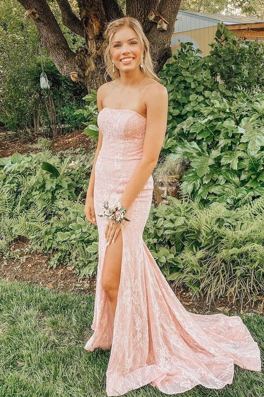 Pink Mermaid Prom Dress Strapless Slit Lace Long Evening Dress Off Shoulder