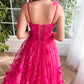 A-Line/Princess Spaghetti Straps Long Prom Floral Dresses With Split Side Pure Color