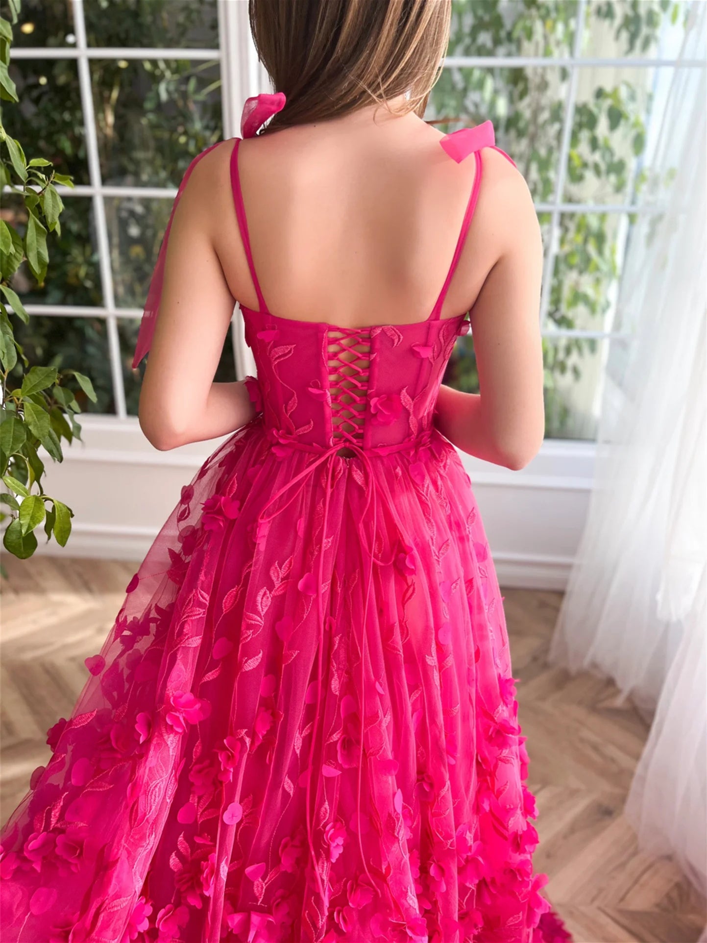 A-Line/Princess Spaghetti Straps Long Prom Floral Dresses With Split Side Pure Color