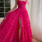 A-Line/Princess Spaghetti Straps Long Prom Floral Dresses With Split Side Pure Color