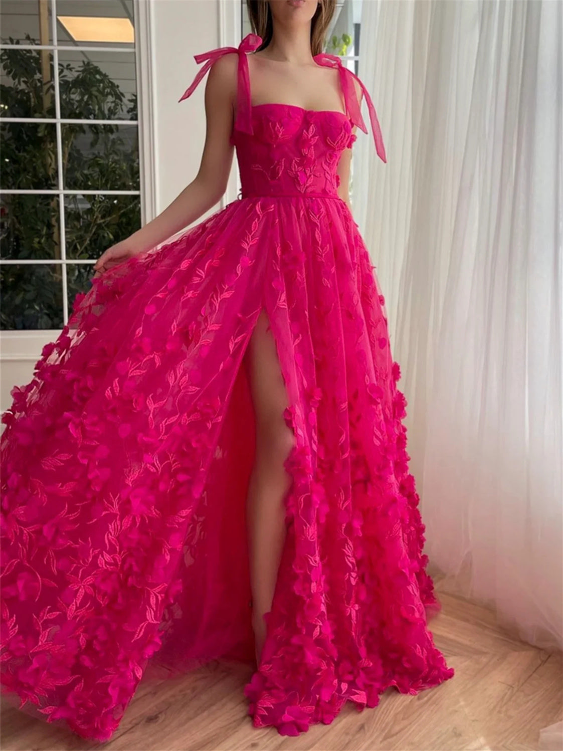 A-Line/Princess Spaghetti Straps Long Prom Floral Dresses With Split Side Pure Color