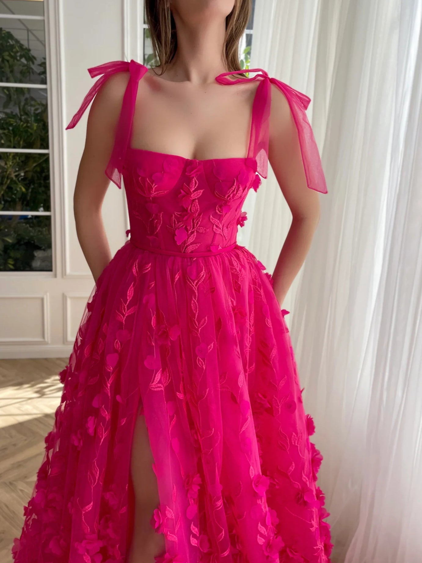 A-Line/Princess Spaghetti Straps Long Prom Floral Dresses With Split Side Pure Color