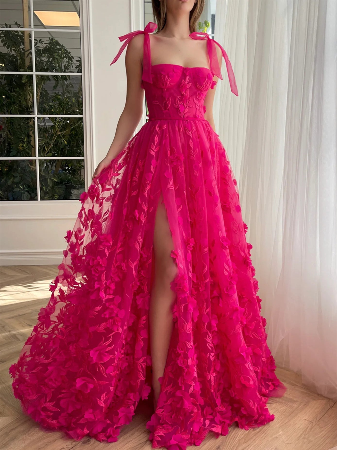 A-Line/Princess Spaghetti Straps Long Prom Floral Dresses With Split Side Pure Color