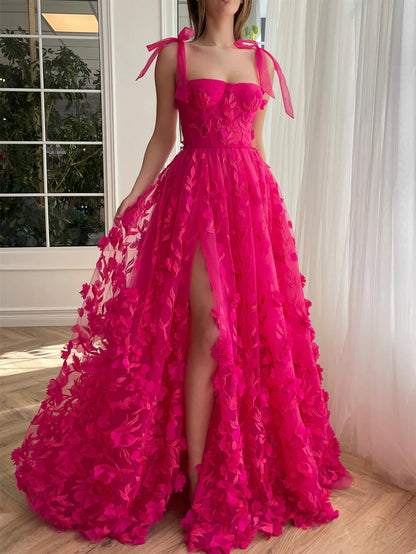 A-Line/Princess Spaghetti Straps Long Prom Floral Dresses With Split Side Pure Color