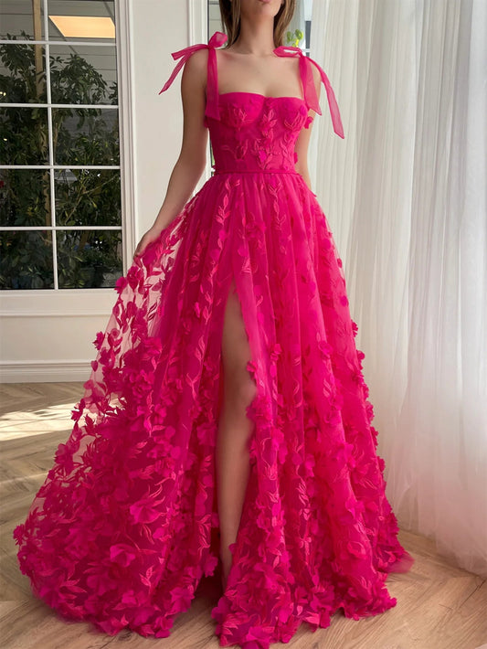 A-Line/Princess Spaghetti Straps Long Prom Floral Dresses With Split Side Pure Color