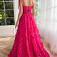 A-Line/Princess Spaghetti Straps Long Prom Floral Dresses With Split Side Pure Color