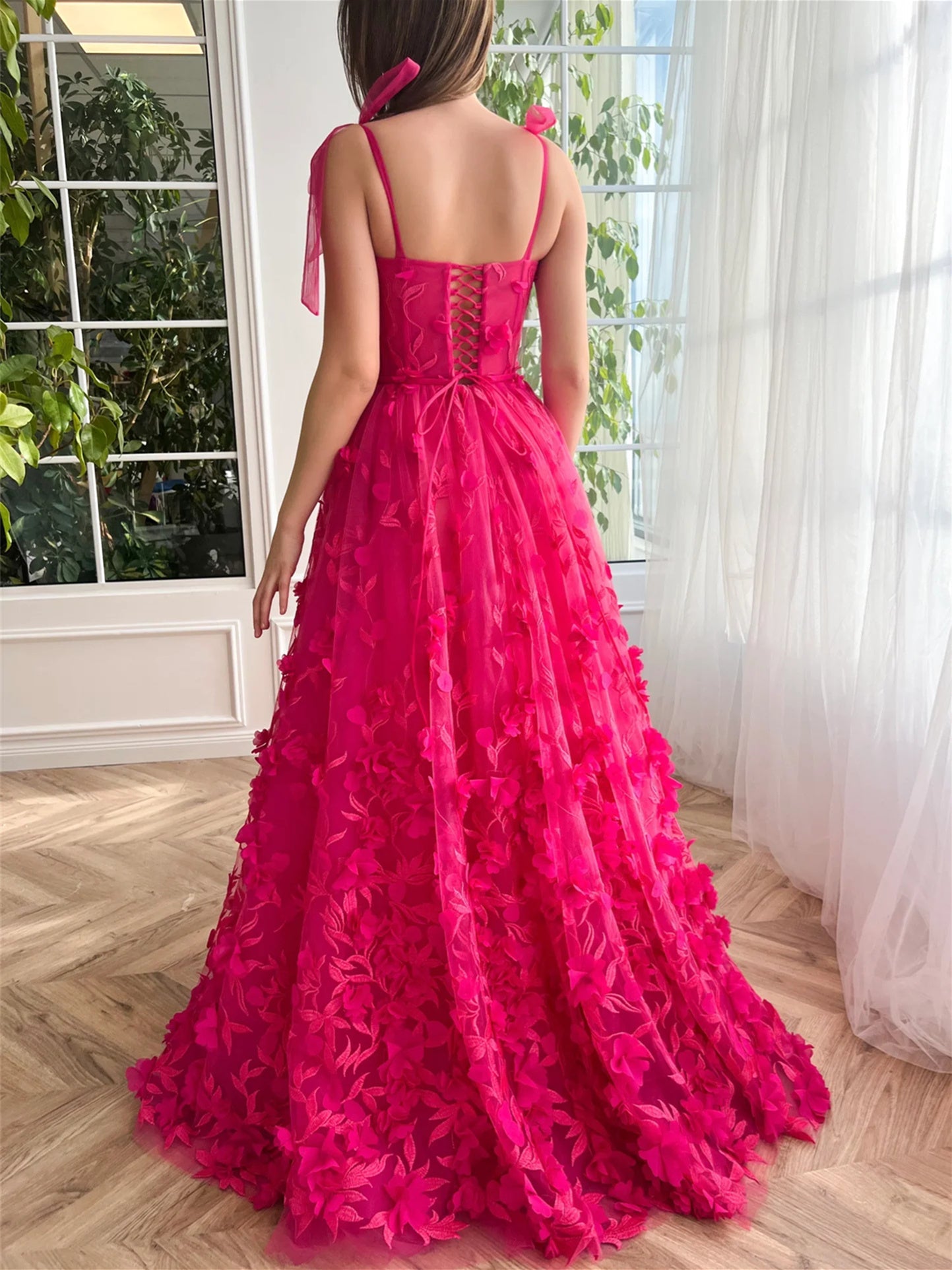 A-Line/Princess Spaghetti Straps Long Prom Floral Dresses With Split Side Pure Color