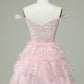 Princess A Line Corset Tiered Purple Short Homecoming Dress with Lace Off Shoulder