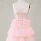 Trendy A-Line Sweetheart Pink Short Homecoming Dress with Ruffles Off Shoulder