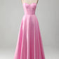 Glitter Pink A Line Spaghetti Straps Backless Long Corset Prom Dress Sexy