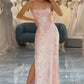 Pink Mermaid Spaghetti Straps Sparkly Long Prom Dress with Slit Evening Dresses