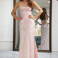 Pink Mermaid Spaghetti Straps Sparkly Long Prom Dress with Slit Evening Dresses
