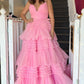 A-Line Deep V Neck Tiered Long Prom Dress Sexy