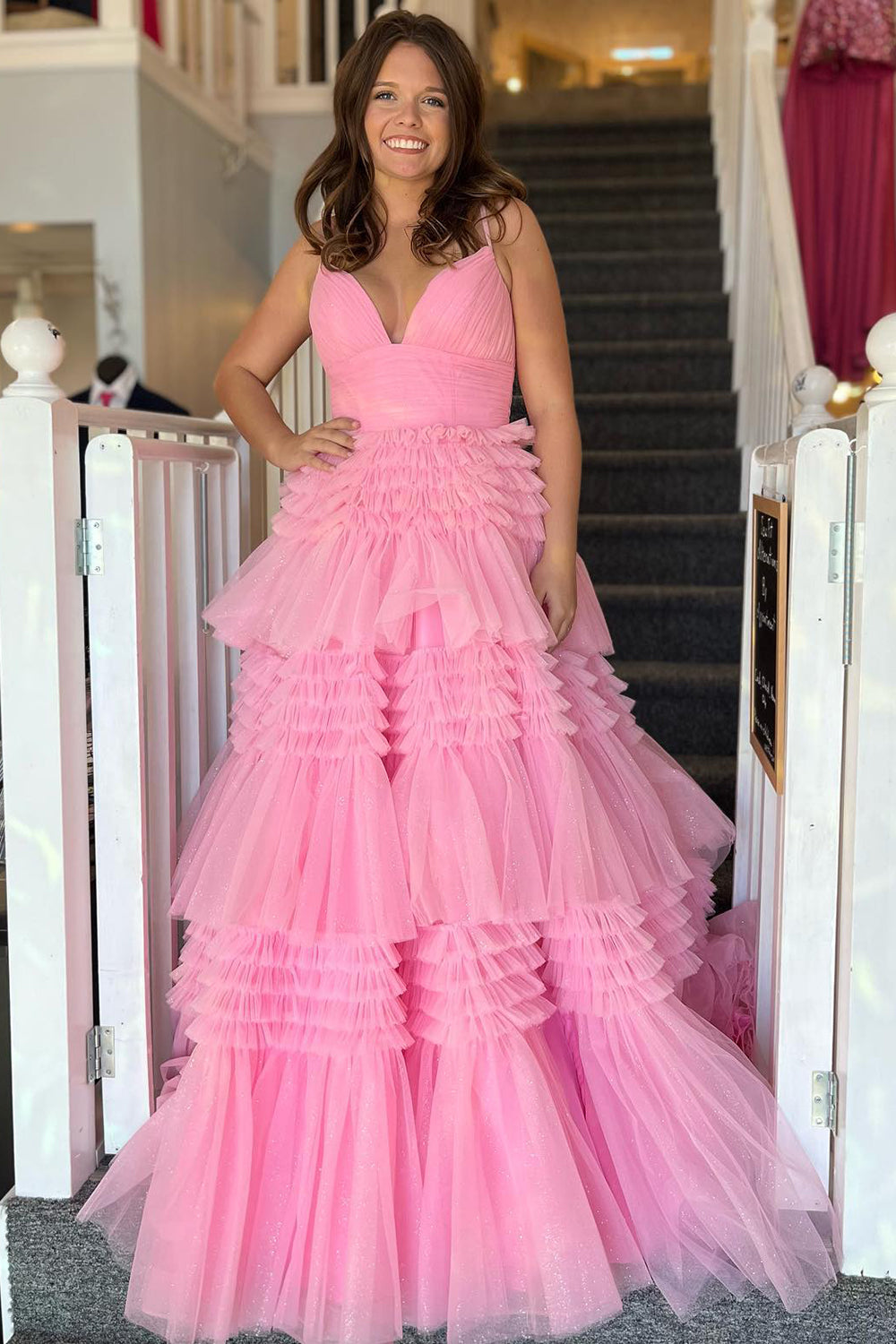 A-Line Deep V Neck Tiered Long Prom Dress Sexy