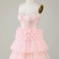 Trendy A-Line Sweetheart Pink Short Homecoming Dress with Ruffles Off Shoulder