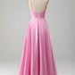 Glitter Pink A Line Spaghetti Straps Backless Long Corset Prom Dress Sexy