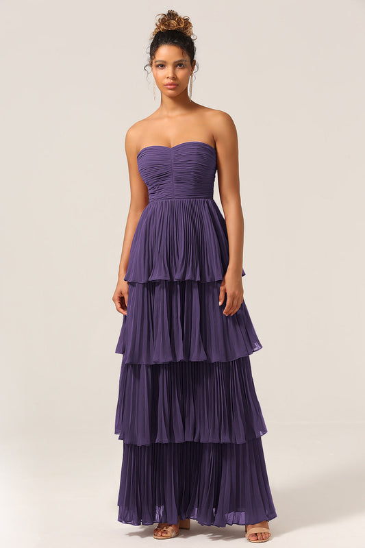 A-Line Sweetheart Floor Length Tiered Chiffon Bridesmaid Dress Off Shoulder