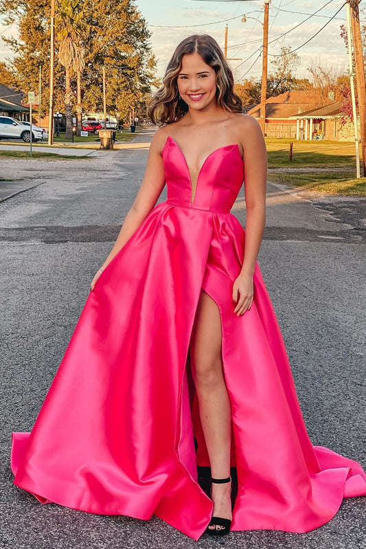 Plus Size A-Line Satin Strapless Prom Dress with Slit V-neck Sexy Evening Dresses