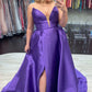 Plus Size A-Line Satin Strapless Prom Dress with Slit V-neck Sexy Evening Dresses