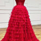 Plus Size Ball Gown Lace One Shoulder Multi-Tiered Prom Dress with Ruffles Floor Length