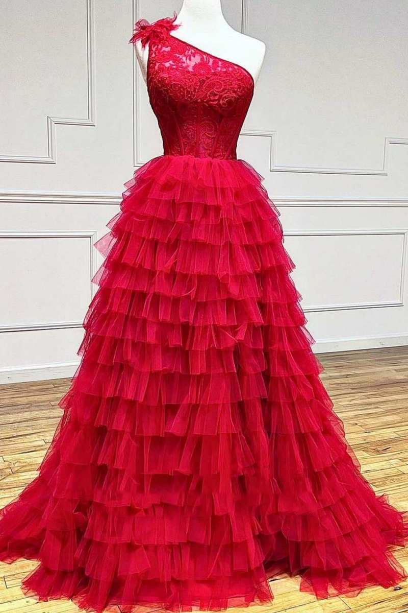 Plus Size Ball Gown Lace One Shoulder Multi-Tiered Prom Dress with Ruffles Floor Length