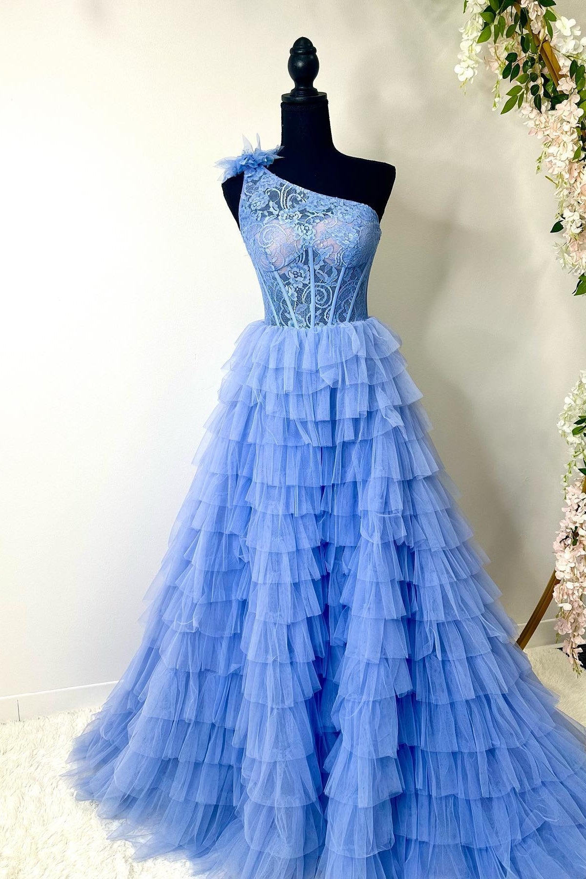 Plus Size Ball Gown Lace One Shoulder Multi-Tiered Prom Dress with Ruffles Floor Length