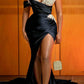 Plus Size Sheath Spaghetti Straps Satin High Split Waist Cape Prom Dress Evening Dresses