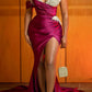 Plus Size Sheath Spaghetti Straps Satin High Split Waist Cape Prom Dress Evening Dresses