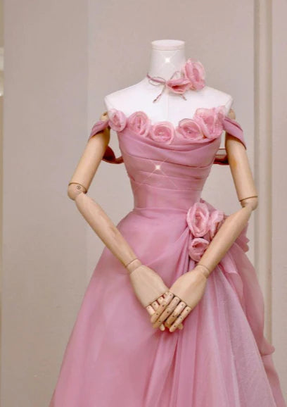 Princess A-Line Strapless Long Formal Prom Dress Elegant Evening Gown Sweet 16 Dress With Flowers No With Neck accessories