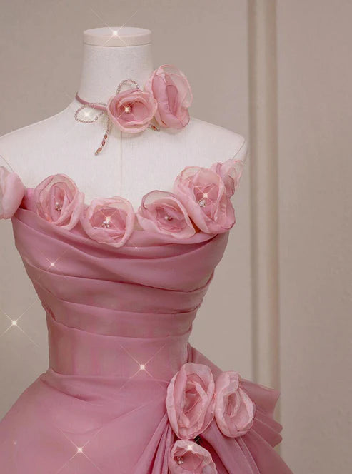 Princess A-Line Strapless Long Formal Prom Dress Elegant Evening Gown Sweet 16 Dress With Flowers No With Neck accessories