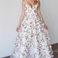 Prom Dress Sleeveless V-Neck Spaghetti Strap Satin Lace A-Line Floor Length With Flowers