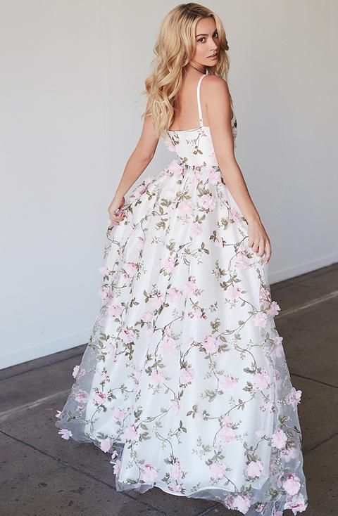 Prom Dress Sleeveless V-Neck Spaghetti Strap Satin Lace A-Line Floor Length With Flowers