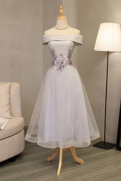 A Line Prom Dresses Boat Neck Tulle With Applique And Handmade Flowers Elegant Mother of the Bride Dress