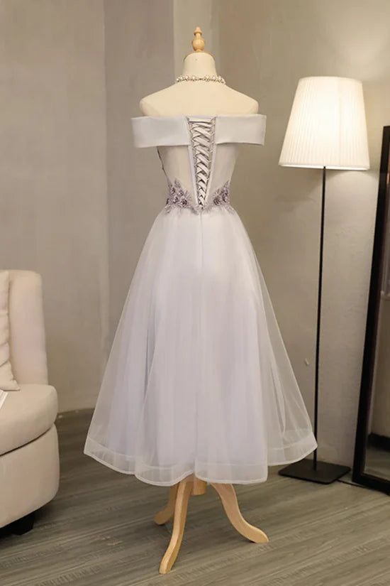 A Line Prom Dresses Boat Neck Tulle With Applique And Handmade Flowers Elegant Mother of the Bride Dress