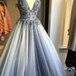 Prom Dresses V Neck Tulle With Beading Sweep Tran A Line Floor Length Sexy