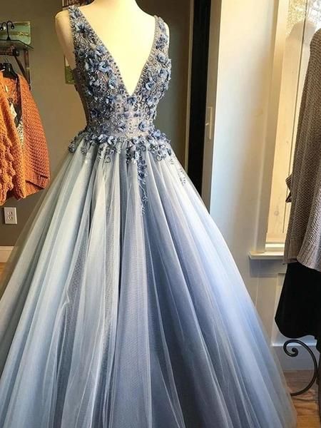 Prom Dresses V Neck Tulle With Beading Sweep Tran A Line Floor Length Sexy