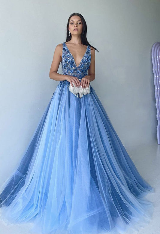 Prom Dresses V Neck Tulle With Beading Sweep Tran A Line Floor Length Sexy