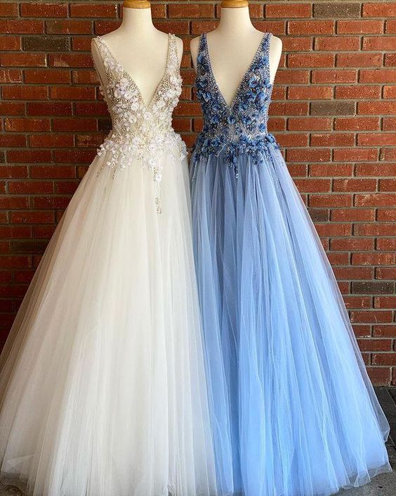 Prom Dresses V Neck Tulle With Beading Sweep Tran A Line Floor Length Sexy